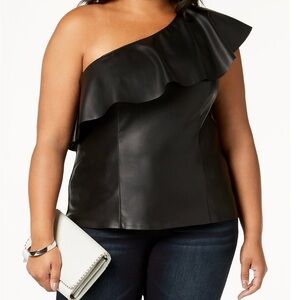INC International Concepts Black Ruffle One Shoulder Faux Leather Blouse Size:XL